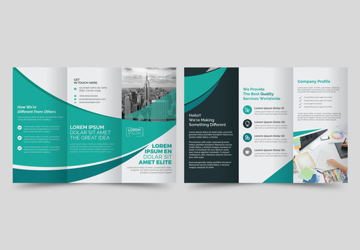 Trifold Brochure Layout with Blue and Green Accents
