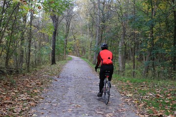 Obraz premium Bicycle rider on a recreational trail in the woodland park