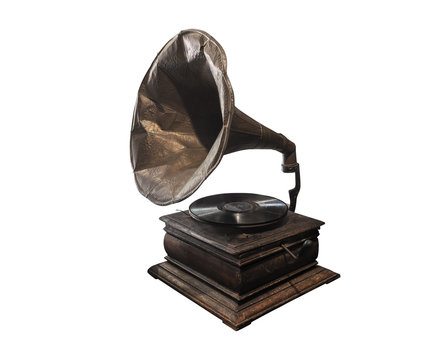 Antique gramophone an old record player  and dents isolated on white background