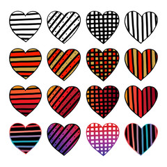 Set of hand drawn hearts. Colorful valentine vector sketch doodle. Graphic design elements. Stripe line art design. Isolated on white