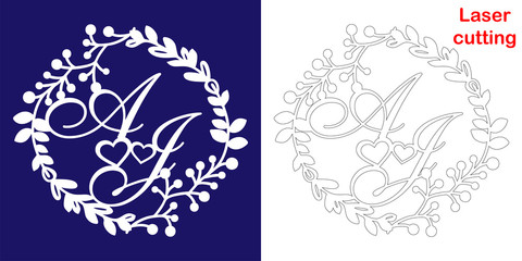 Wedding monogram for laser cutting. A J initials of the wedding decorative logo in a floral frame. The perfect gift for your wedding day.