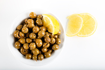 Green olives on white background. Green olives from Antakya, Turkey.