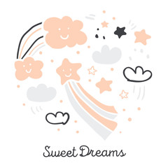 Cute scanidnavian handdrawn sky, stars, clouds