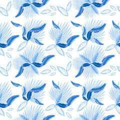 Seamless pattern of tropical  palm leaves, monstera  leaves. Wallpaper trend design.