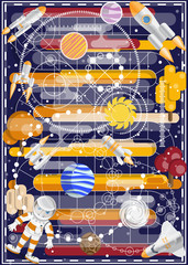 The astronaut is looking for a rocket. Board game. Vector illustration.