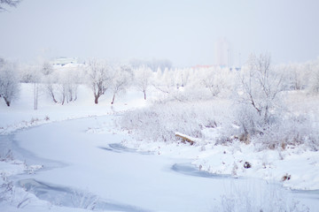 Winter Park. Bushes and trees are covered with thick frost. Visible icebound river.
