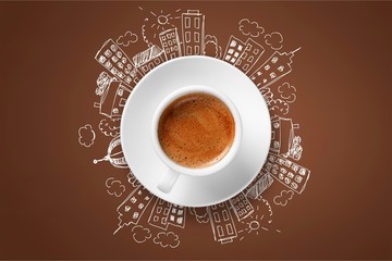 Cup od hot coffe on doodles background