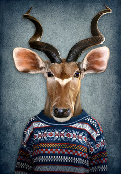 Antelope in clothes. Man with a head of an antelope. Concept graphic in vintage style with soft oil painting style