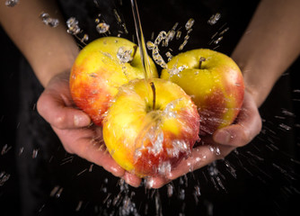 Washing the yellow red apples in woman hands