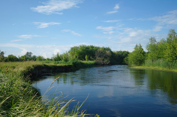 Fototapeta na wymiar river, land with trees and cloudy sky