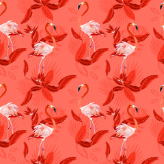 Vector seamless tropical pattern, exotic birds, vivid tropic foliage, with monstera leaf, palm leaves, bird of paradise flower. Pattern trend design.