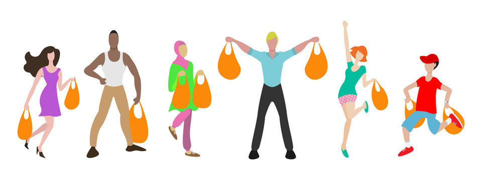 Set of happy people from all races carrying a shopping bag. Man and Women get discount or promotion at store, shop, or mall. Flat design Style.