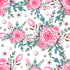 Floral Pattern Background with pink peony and cotton.