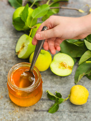 Honey fresh and apples  (sweet and juicy). Top view. copy space