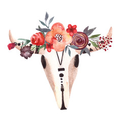 Kuhschädel. Schädel mit Blumen. Tierkopf im Boho-, Stammes- oder ethnischen Stil.