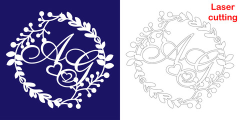 Wedding monogram for laser cutting. A G initials of the wedding decorative logo in a floral frame. The perfect gift for your wedding day.