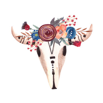Cow Skull. Skull with flowers. Animal head in boho, tribal or ethnic style.