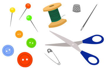 Vector sewing set: spool, thimble, pins, needle, buttons, safety pin, scissors