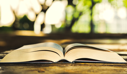 Single open book, outdoors on wooden background