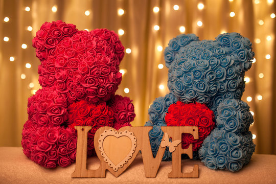 bear of flowers with heart at bright background