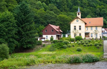 Treseburg im Bodetal, Fluss Bode mit Hochwasser, Ostharz, Harz, Sachsen-Anhalt, Deutschland, Europa