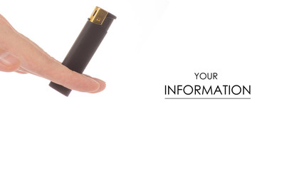 Black lighter in hands pattern on white background isolation