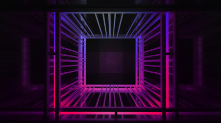 Light tunnel, metal construction, lights. Abstract neon background, blue and pink color. 3D Rendering