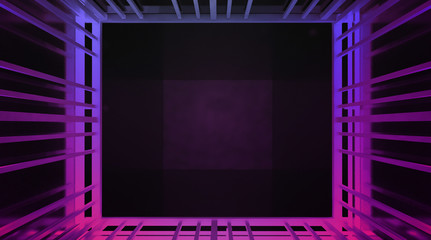 Light tunnel, metal construction, lights. Abstract neon background, blue and pink color. 3D Rendering