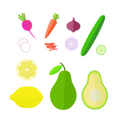 Healthy fresh food in flat style. Set of whole and sliced fruits and vegetables top view isolated on white background. Radish, carrot, onion, cucumber, lemon, avocado. Vector illustration