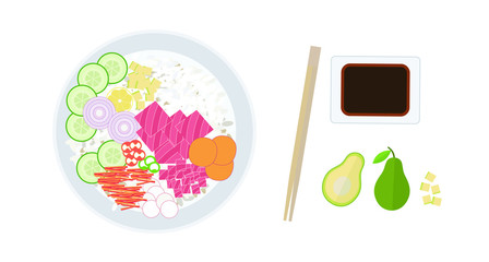 Poke bowl and soy sauce with chopsticks.  Whole, half and avocado slices isolated on white background. Plate with vegetables, rice and Tuna fish. Vector flat illustration. Asian healthy food
