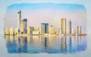 Fototapeta na wymiar Digital art water color painting of widescreen panorama of the city skyline of Xiamen with reflections in ocean