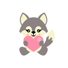 cartoon cute wolf sitting with heart vector