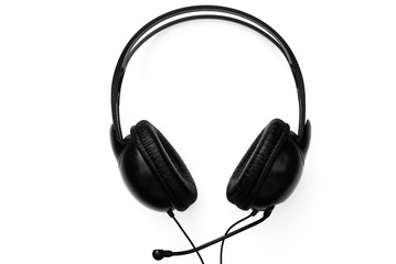 Large black headphones isolated on white background. Black and white 