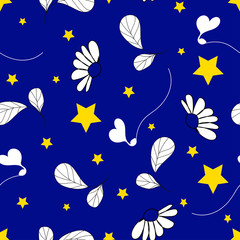 Fototapeta na wymiar white flowers and yellow stars on a light blue color
