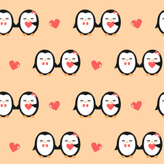 cute cartoon lovely penguins couple seamless vector pattern background illustration