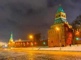 Fototapeta premium Beklemishevskaya and Konstantino-Elenin tower of the Moscow Kremlin in Russia