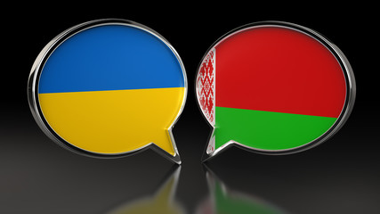 Ukraine and Belarus flags with Speech Bubbles. 3D illustration