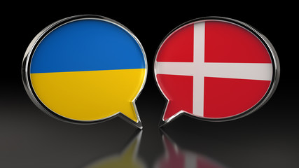 Ukraine and Denmark flags with Speech Bubbles. 3D illustration