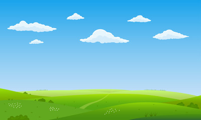 Fond de paysage d& 39 été. Champ ou pré avec herbe verte, fleurs et collines. Ligne d& 39 horizon avec ciel bleu et nuages. Paysages de ferme et de campagne. Illustration vectorielle.
