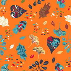 Vector seamless watercolor pattern with fall colorful leaves