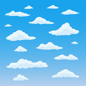 Cartoon cloud set. Cloudy sky background. Blue heaven with white fluffy clouds. Vector illustration.