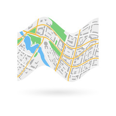 City map icon. City plan with streets, roads, parks and river. Vector illustration.