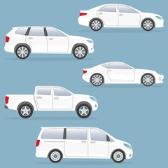 Fototapeta premium Car or vehicle set. Side view. Different type of cars: sedan, suv, van, pickup, coupe. Vector illustration.