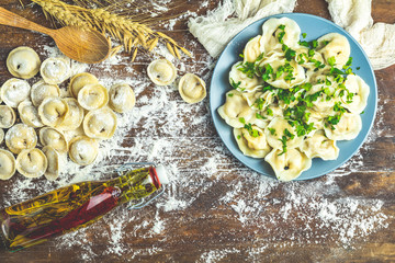 Traditional italian ravioli of wholemeal flour sprinkled