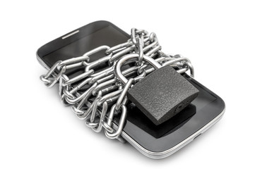Smartphone tied by chain with padlock on white background. Protected information on smartphone.