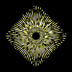 Obraz premium Rays of halo in shape of square or rhombus light and fire flakes rays isolated on black. Art tattoo reference. Gold symbol of religion pride and glory. Angel and saints star burst nimbus. Vector.