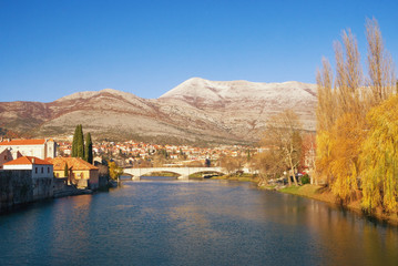 Bosnia and Herzegovina, view of Trebisnjica river near Old Town of Trebinje city on sunny winter day