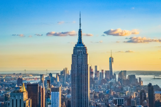 New York City skyline during the sunset from the Top of the Rock (Rockefeller Center), United States     