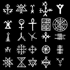 Wiccan symbols imaginary cross symbols, inspired by antichrist pentagram and witchcraft. Vector.