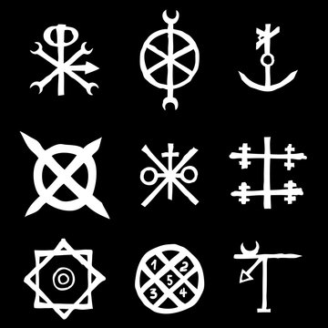 Set with mystic and occult symbols. Hand drawn and written alphabet signs. Spiritual masonic tattoo ideas. Vector.
